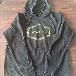 RVCA Black Zip-Up Hoodie with Green Camo Logo